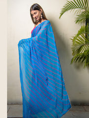 Summer Breeze - Lehariya, Georgette & Gota Saree - Teal Blue (With Blouse Piece)