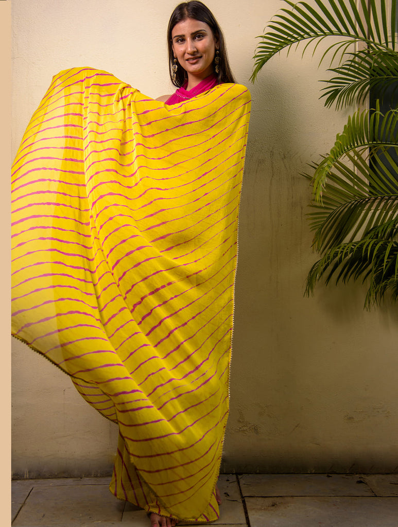 Summer Breeze - Lehariya, Georgette & Gota Saree - Yellow (With Blouse Piece)