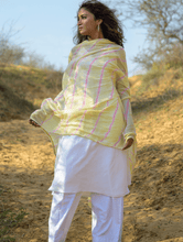 Load image into Gallery viewer, Summer Breeze - Lehariya, Soft Mul Dupatta With Trimmings - Lime &amp; Peach