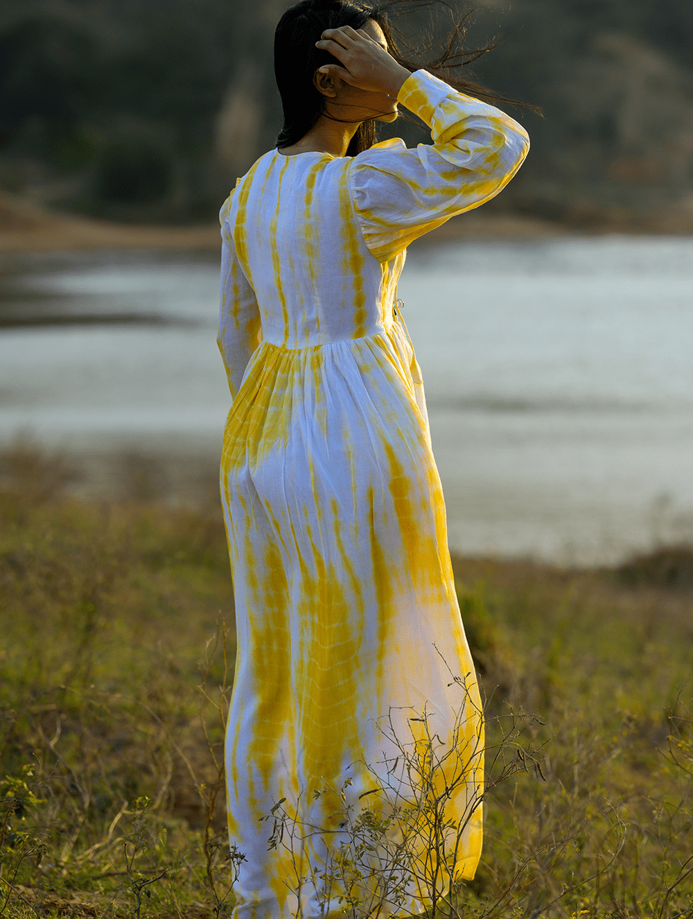 Load image into Gallery viewer, Summer Breeze - Tie &amp; Dye, Soft Mul Long Yellow Dress
