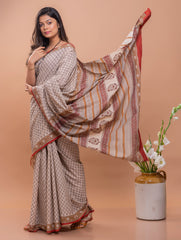 Summer Classics. Bagru Block Printed Mulmul Cotton Saree - Beige & Black Florets