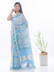 Summer Florals. Sanganeri Block Printed Chanderi Saree - Blue Flora