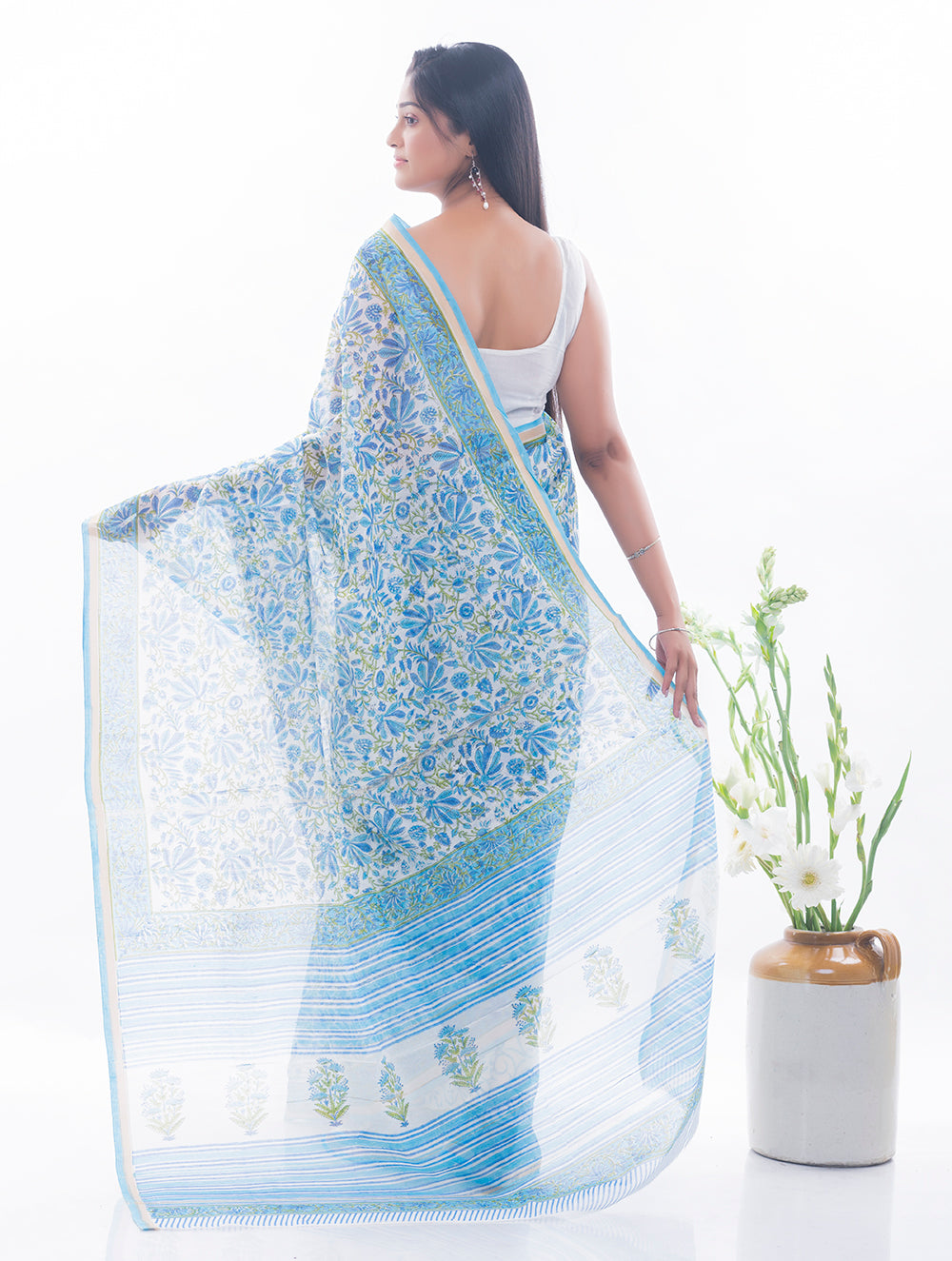 Summer Florals. Sanganeri Block Printed Chanderi Saree - Blue Flora