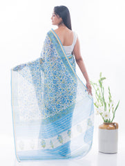 Summer Florals. Sanganeri Block Printed Chanderi Saree - Blue Flora