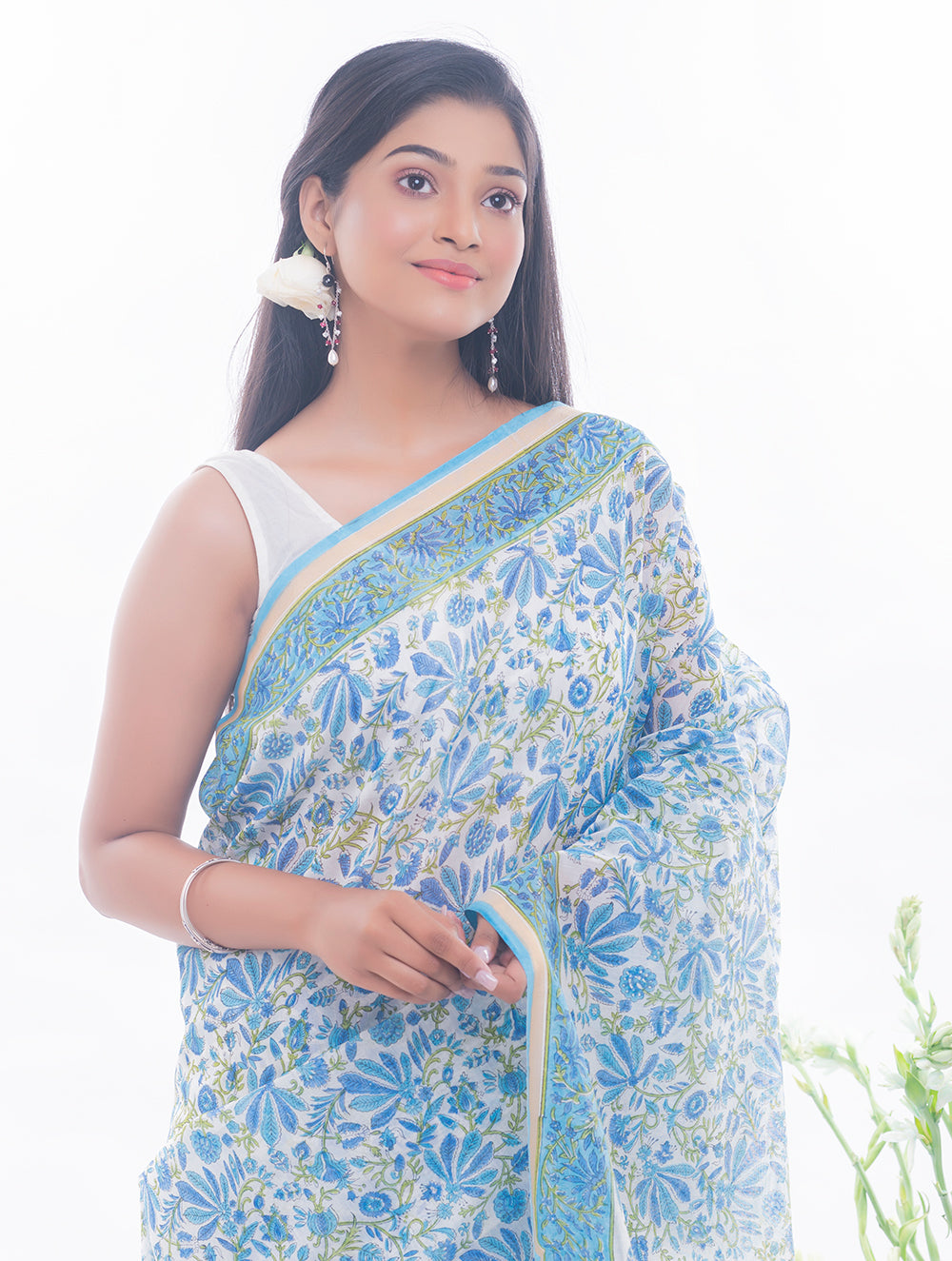 Summer Florals. Sanganeri Block Printed Chanderi Saree - Blue Flora