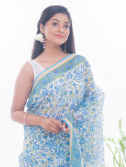 Summer Florals. Sanganeri Block Printed Chanderi Saree - Blue Flora