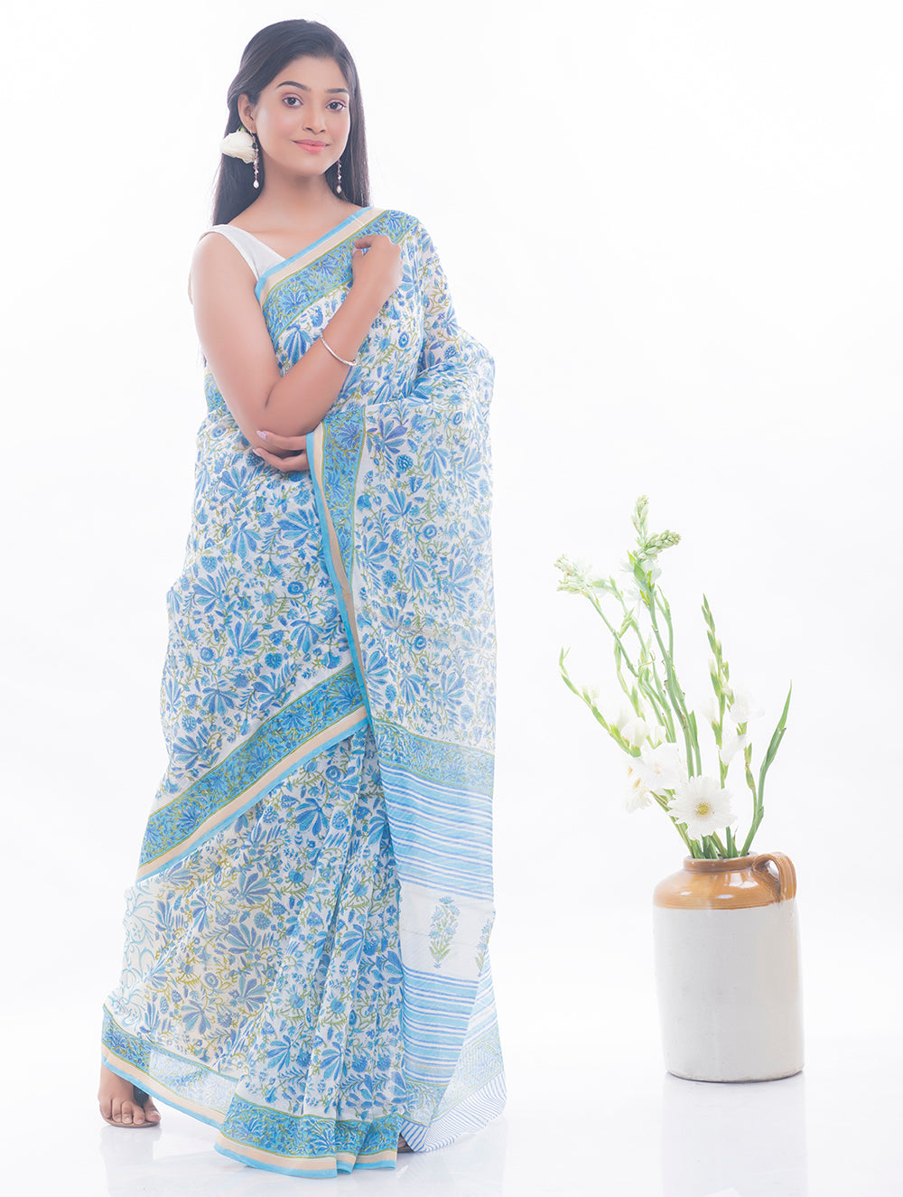 Summer Florals. Sanganeri Block Printed Chanderi Saree - Blue Flora