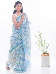 Summer Florals. Sanganeri Block Printed Chanderi Saree - Blue Flora