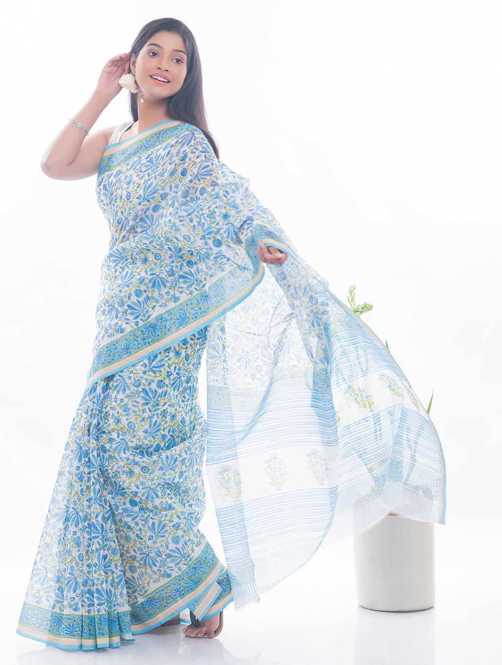 Summer Florals. Sanganeri Block Printed Chanderi Saree - Blue Flora