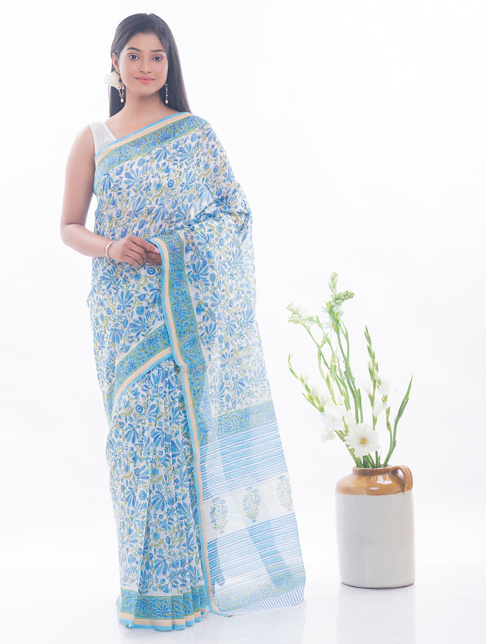 Summer Florals. Sanganeri Block Printed Chanderi Saree - Blue Flora