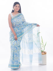 Summer Florals. Sanganeri Block Printed Chanderi Saree - Blue Flora