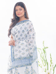 Summer Moods. Sanganeri Mulmul Cotton Saree - White & Blue Floral