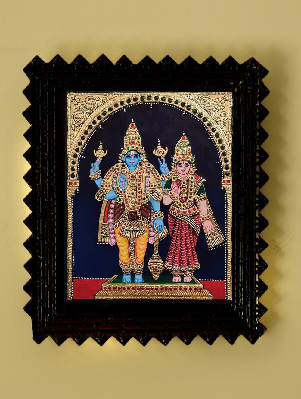 Tanjore Painting In Chettinad Frame - Vishnu Lakshmi