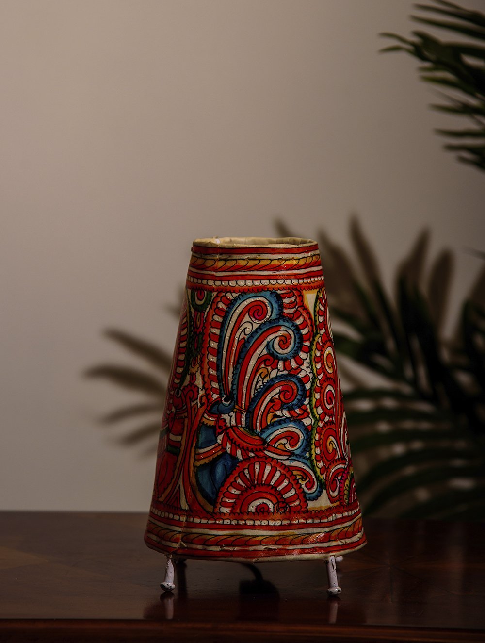 The India Craft House Andhra Multicoloured Painted Leather Table Lamp Shade - Peacock Motif