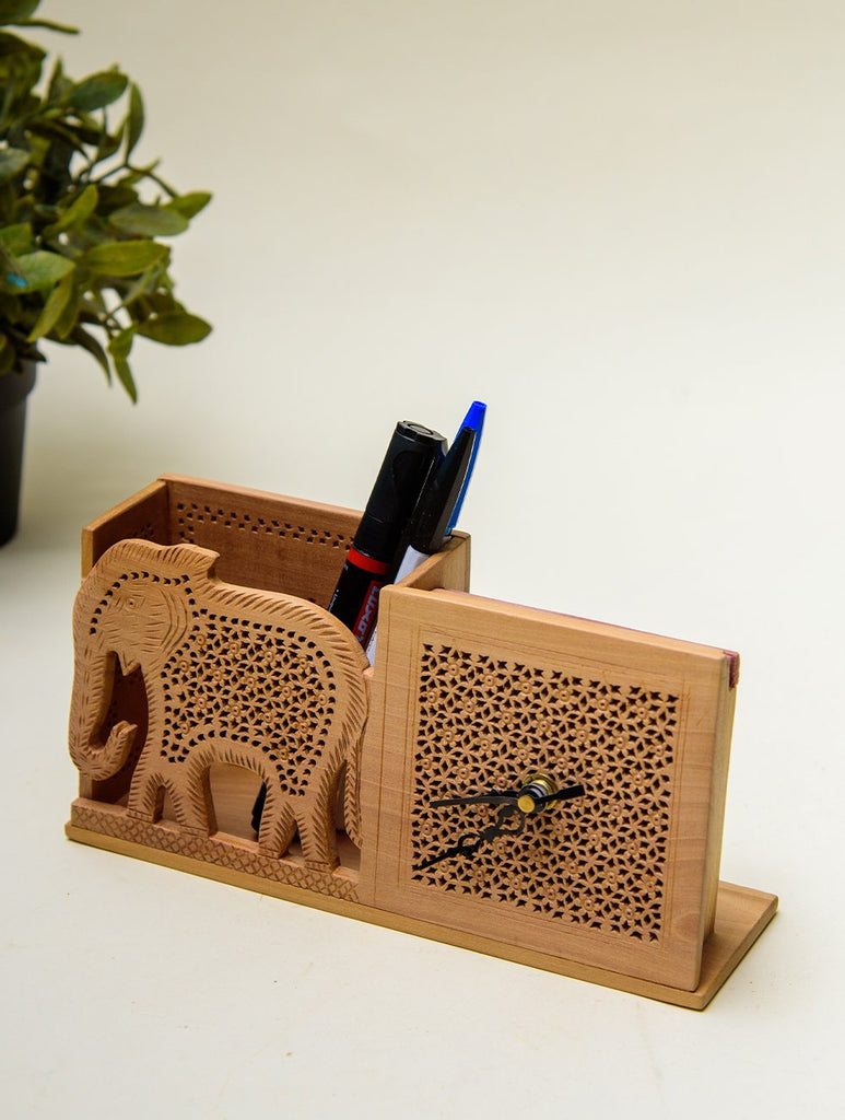 The India Craft House Intricate, Wooden Jaali Elephant Pen Stand with Clock