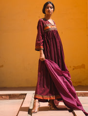 Traditional Elegance. Hand Embroidered Ilkal & Zardozi Ethnic Set (Set of 3) - Deep Maroon