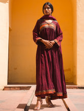 Traditional Elegance. Hand Embroidered Ilkal & Zardozi Ethnic Set (Set of 3) - Deep Maroon