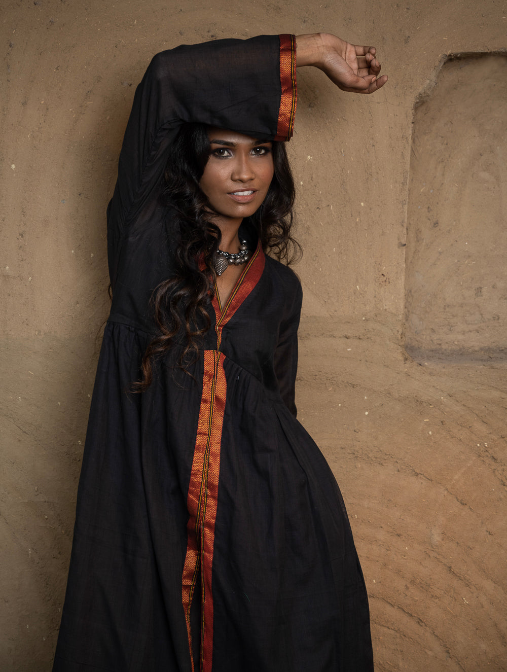 Traditional Elegance. Hand Embroidered Ilkal & Zardozi Ethnic Kurta / Dress - Regal Black