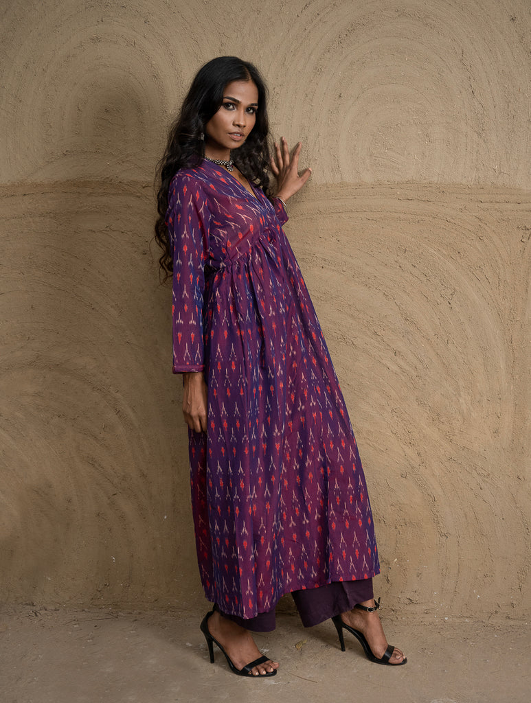 Traditional Elegance. Hand Woven Ikat Ethnic  Kurta / Dress - Purple 