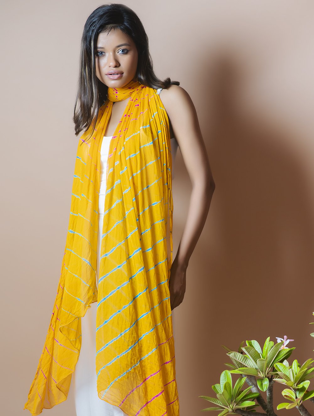 Vibrant Leheriya Georgette Stole - Sunshine Yellow