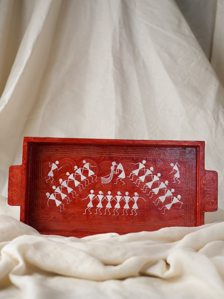 Warli Art Wooden Tray - Dancers, Red
