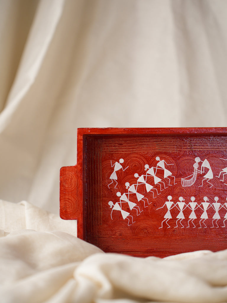 Warli Art Wooden Tray - Dancers, Red