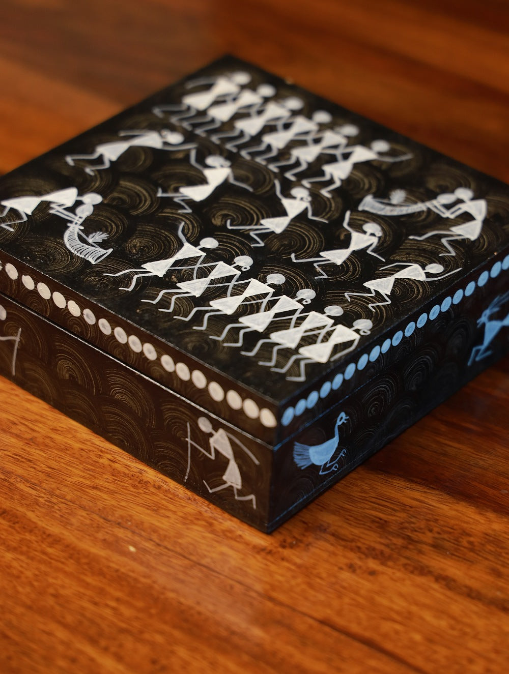 Warli Art Wooden Utility Box - Brown, Rural