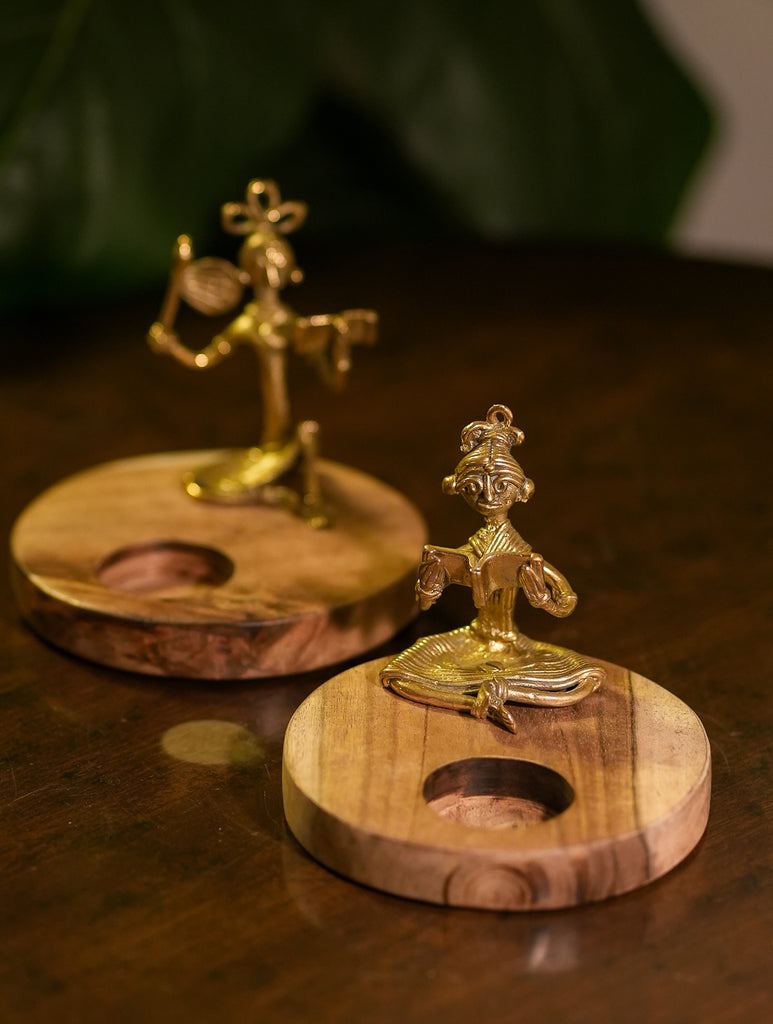 Wood & Dhokra Craft Tealight Holders (Set of 2) - Women & Books