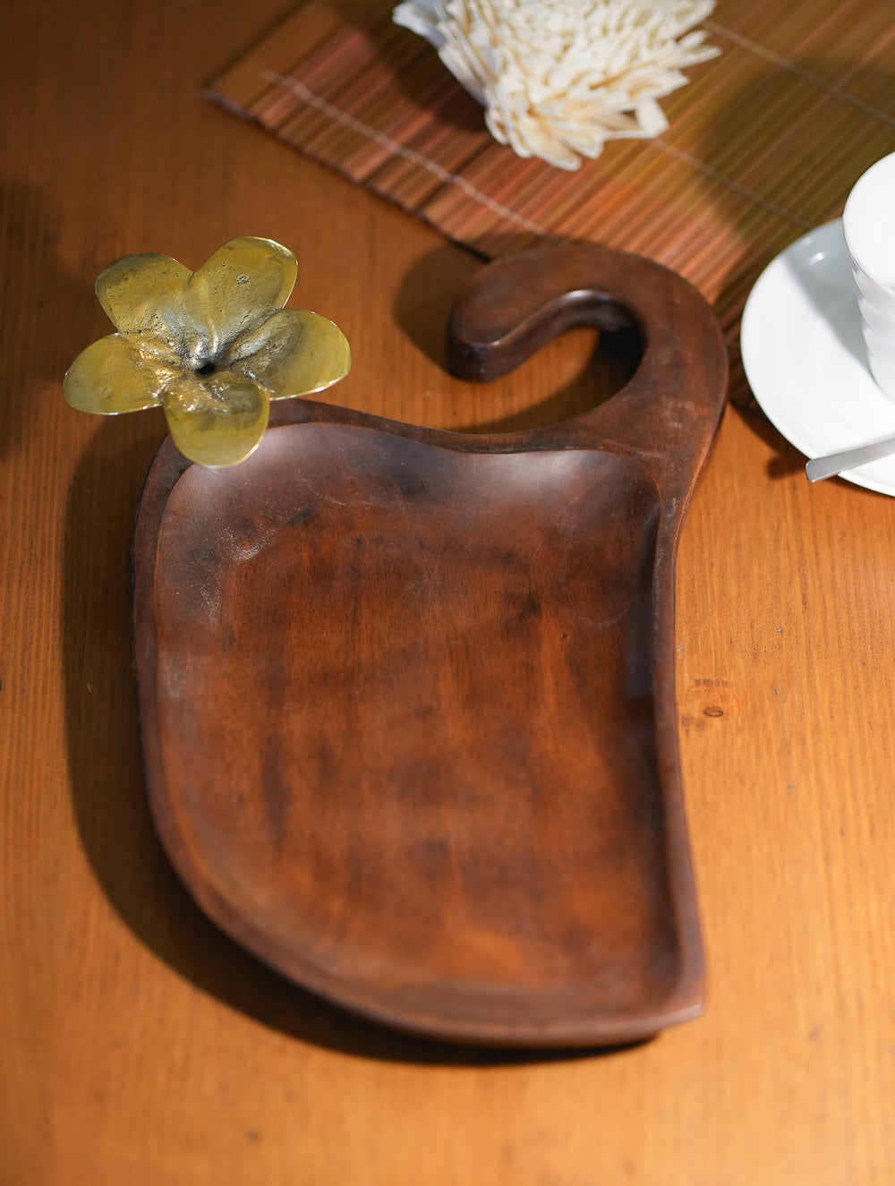 Wood & Dhokra Craft Tray / Cheese Board With Dhokra Flower - Abstract