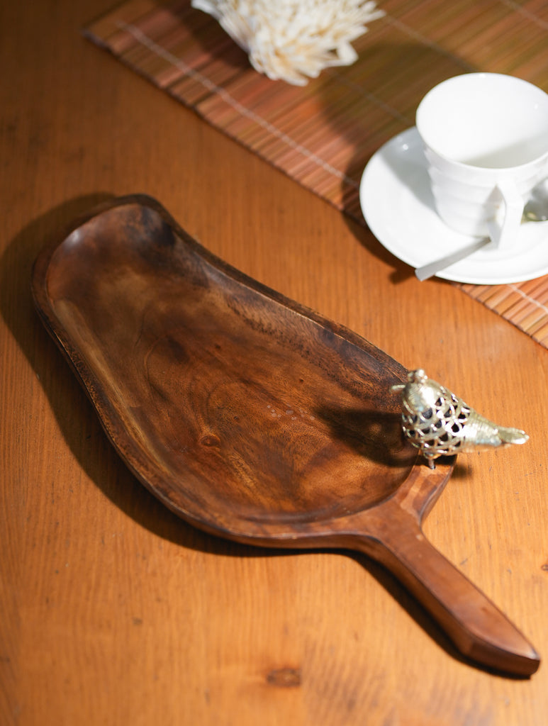 Wood & Dhokra Craft Tray / Cheese Board with Dhokra Bird - Mango 