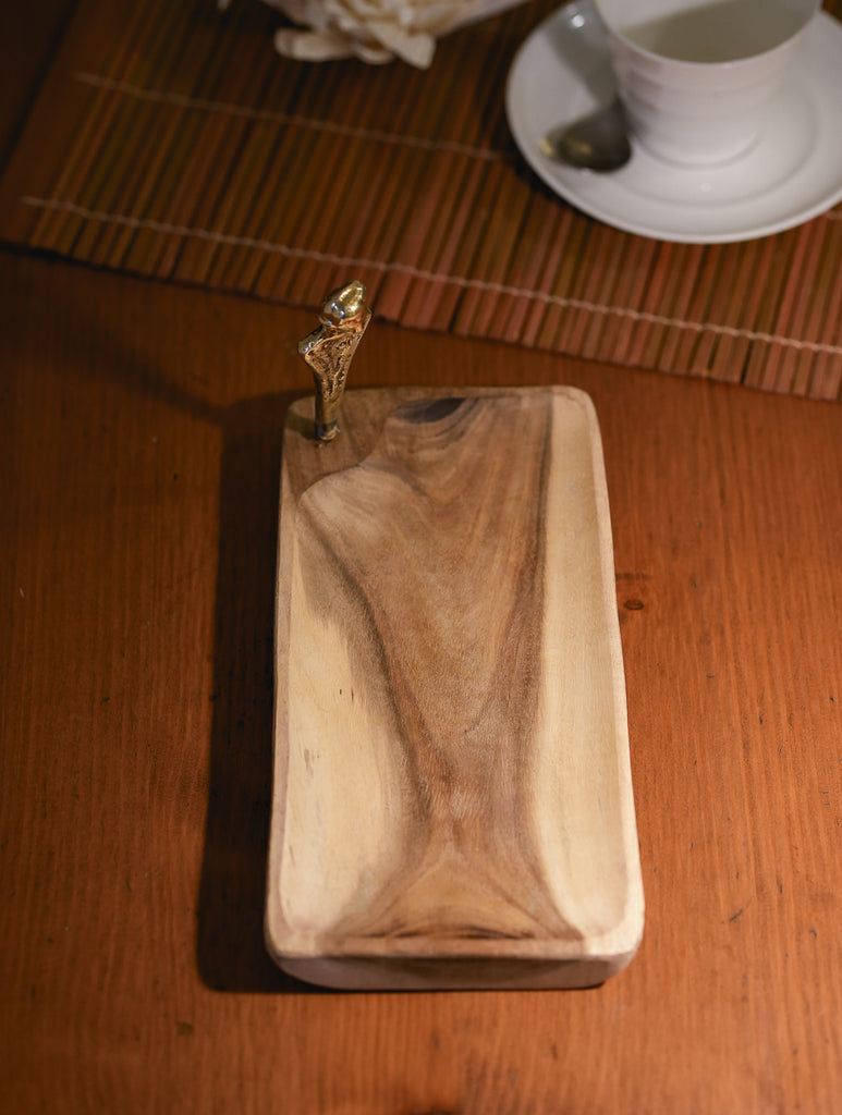 Wood & Dhokra Craft Tray / Cheese Platter with Dhokra Man - Rectangular