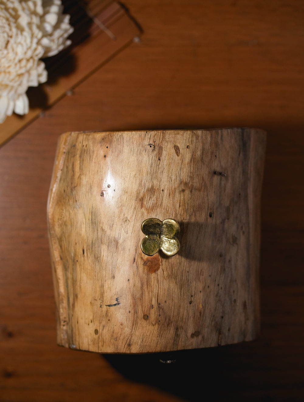 Wood & Dhokra UtilityBox with Dhokra Flower Handle - Log Box