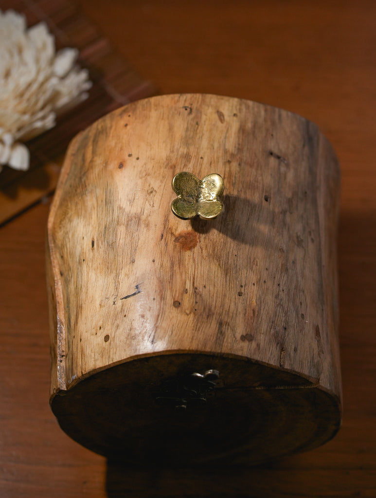 Wood & Dhokra UtilityBox with Dhokra Flower Handle - Log Box