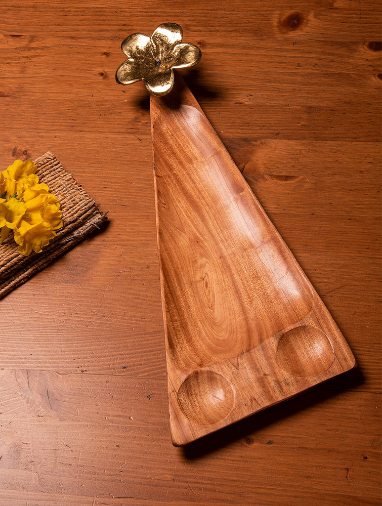 Wood & Dhokra Craft Serving Tray with Flower - Long Triangle