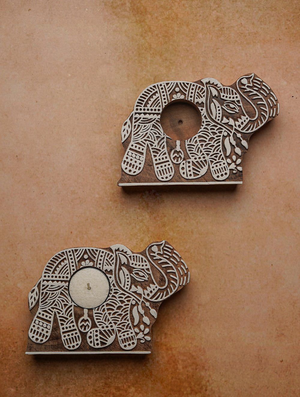 Wooden Engraved Tealight Holders - (Set of 2) Gaja