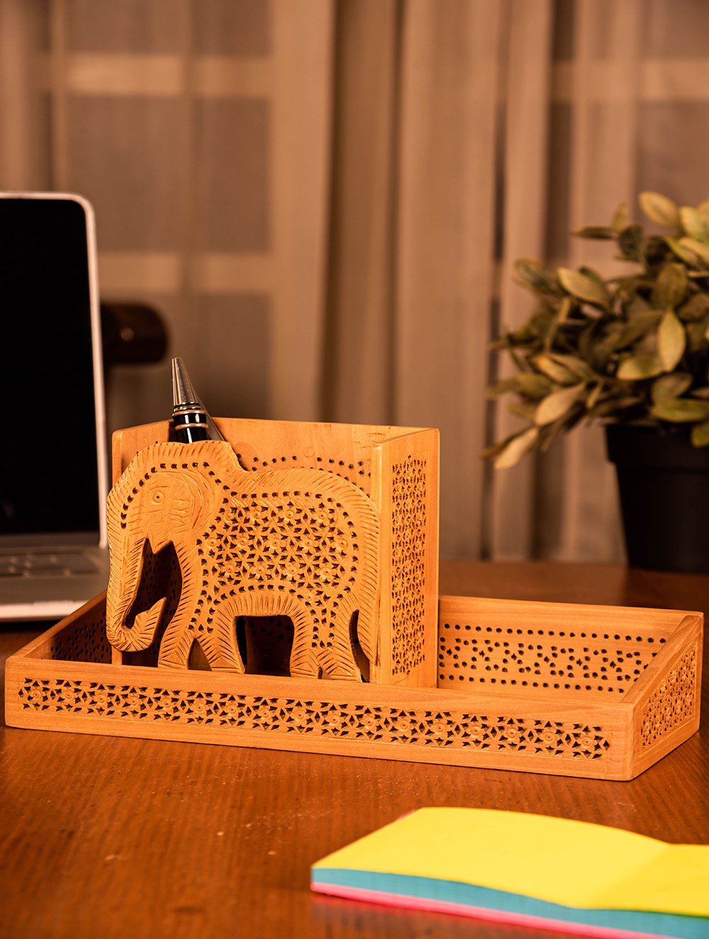 Wooden Jaali Desk Set - Elephant Pen Stand, Tray (Set of 2)