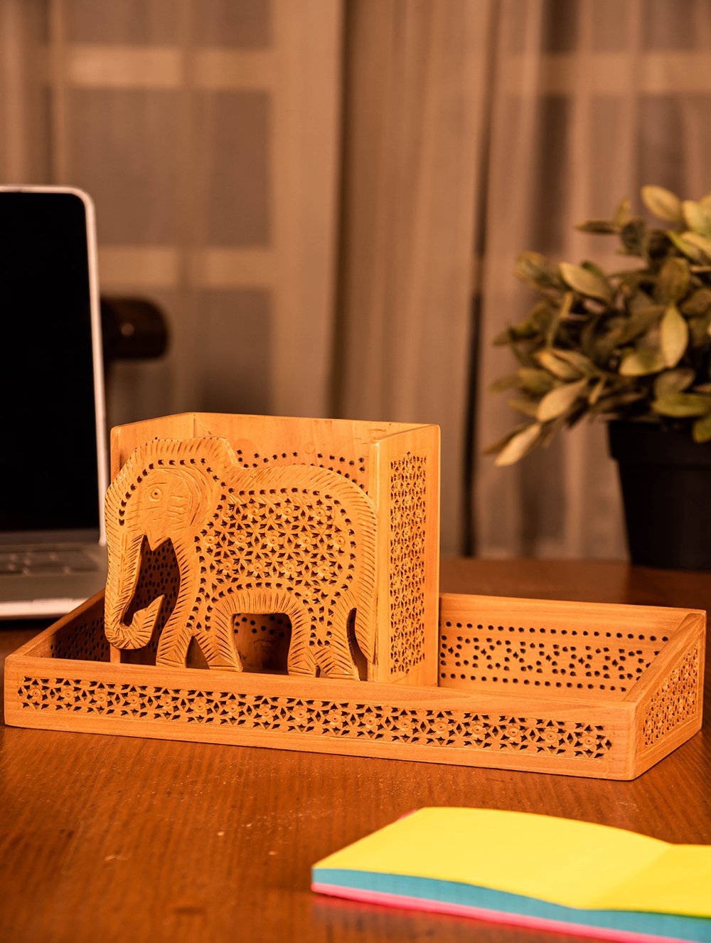 Wooden Jaali Desk Set - Elephant Pen Stand, Tray (Set of 2)