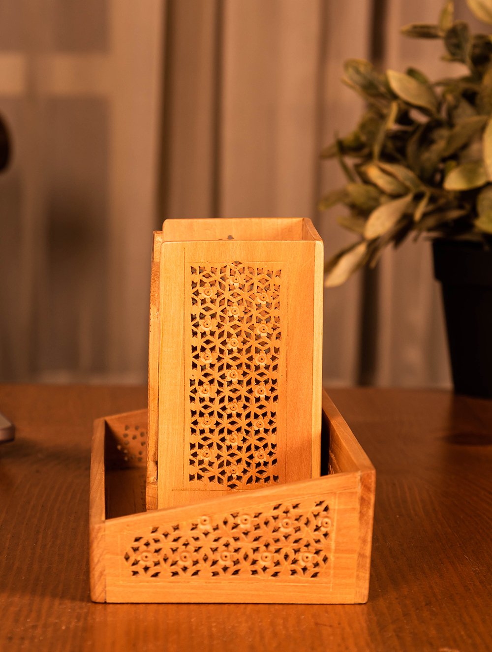 Wooden Jaali Desk Set - Elephant Pen Stand, Tray (Set of 2)