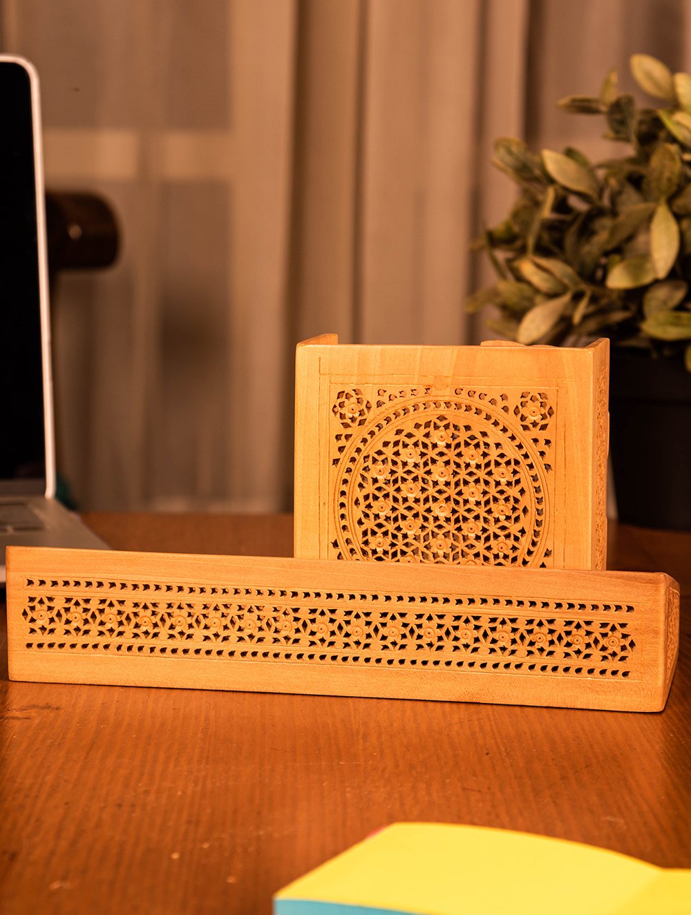 Wooden Jaali Desk Set - Elephant Pen Stand, Tray (Set of 2)