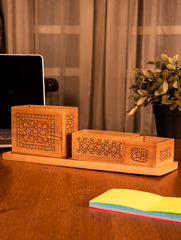 Wooden Jaali Desk Set - Pen Stand Square, Tray & Card Holder & Pin / Key Holder (Set of 4)