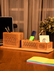 Wooden Jaali Desk Set - Pen Stand Square, Tray & Card Holder & Pin / Key Holder (Set of 4)