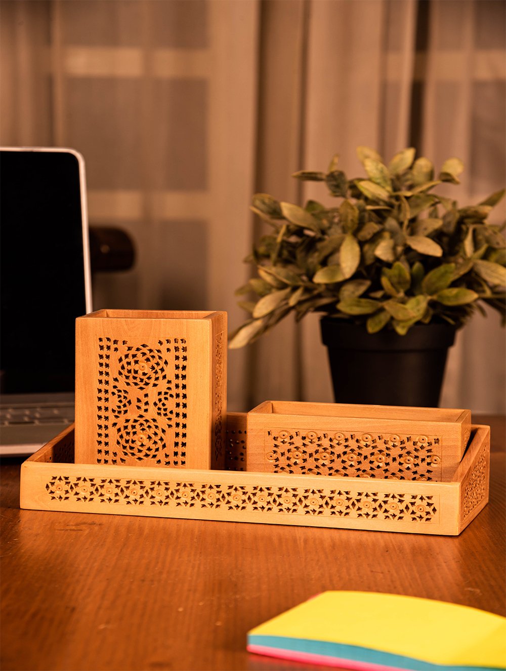 Wooden Jaali Desk Set - Pen Stand, Tray & Card Holder (Set of 3)