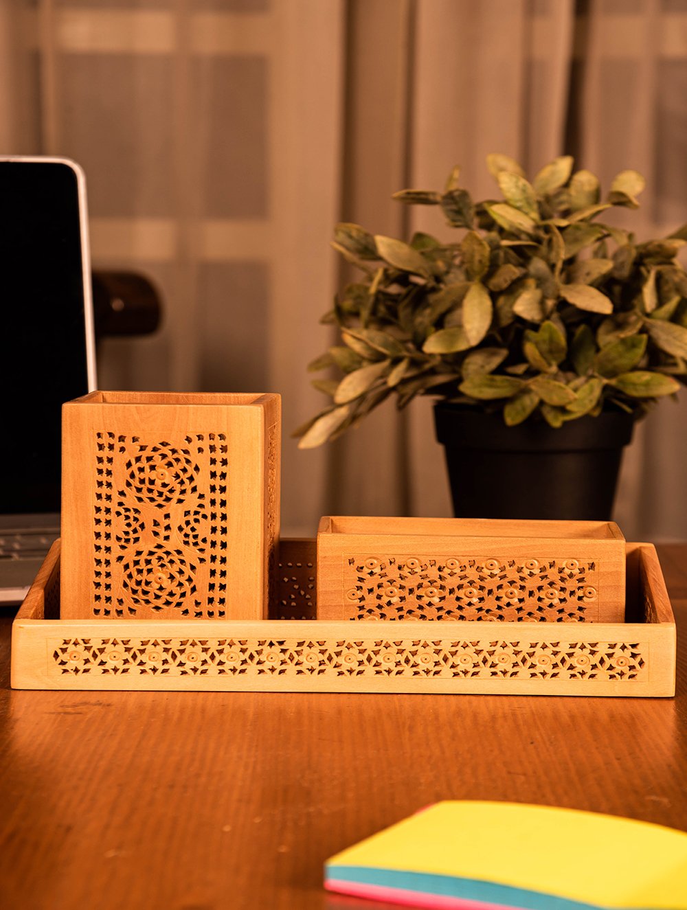 Wooden Jaali Desk Set - Pen Stand, Tray & Card Holder (Set of 3)