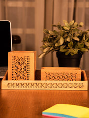 Wooden Jaali Desk Set - Pen Stand, Tray & Card Holder (Set of 3)
