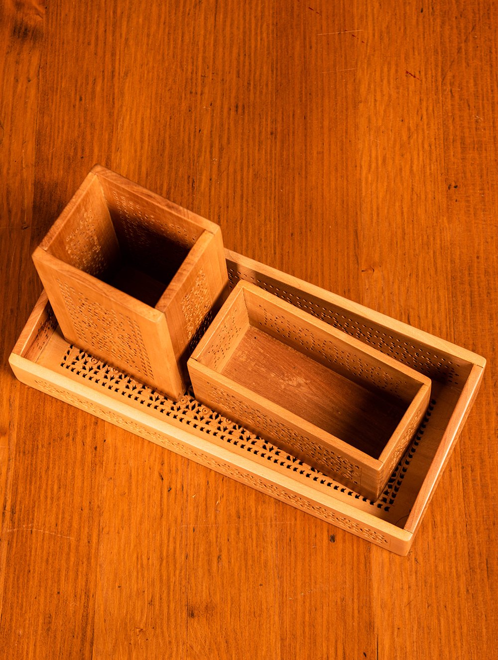 Wooden Jaali Desk Set - Pen Stand, Tray & Card Holder (Set of 3)