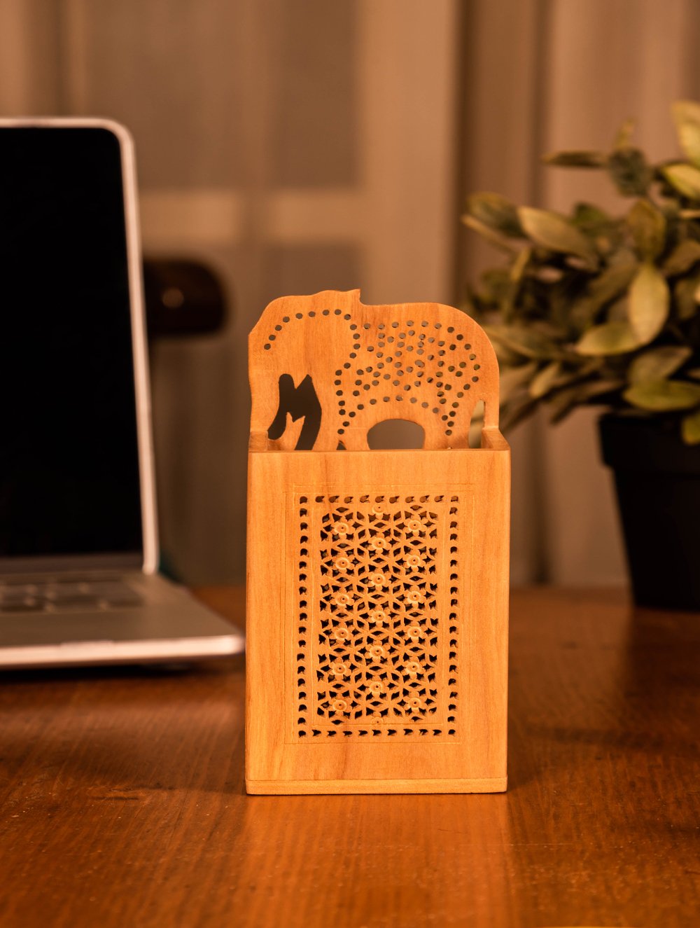 Wooden Jaali Elephant Pen Stand - Long