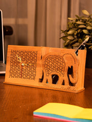 Wooden Jaali Elephant Stationery Stand & Clock