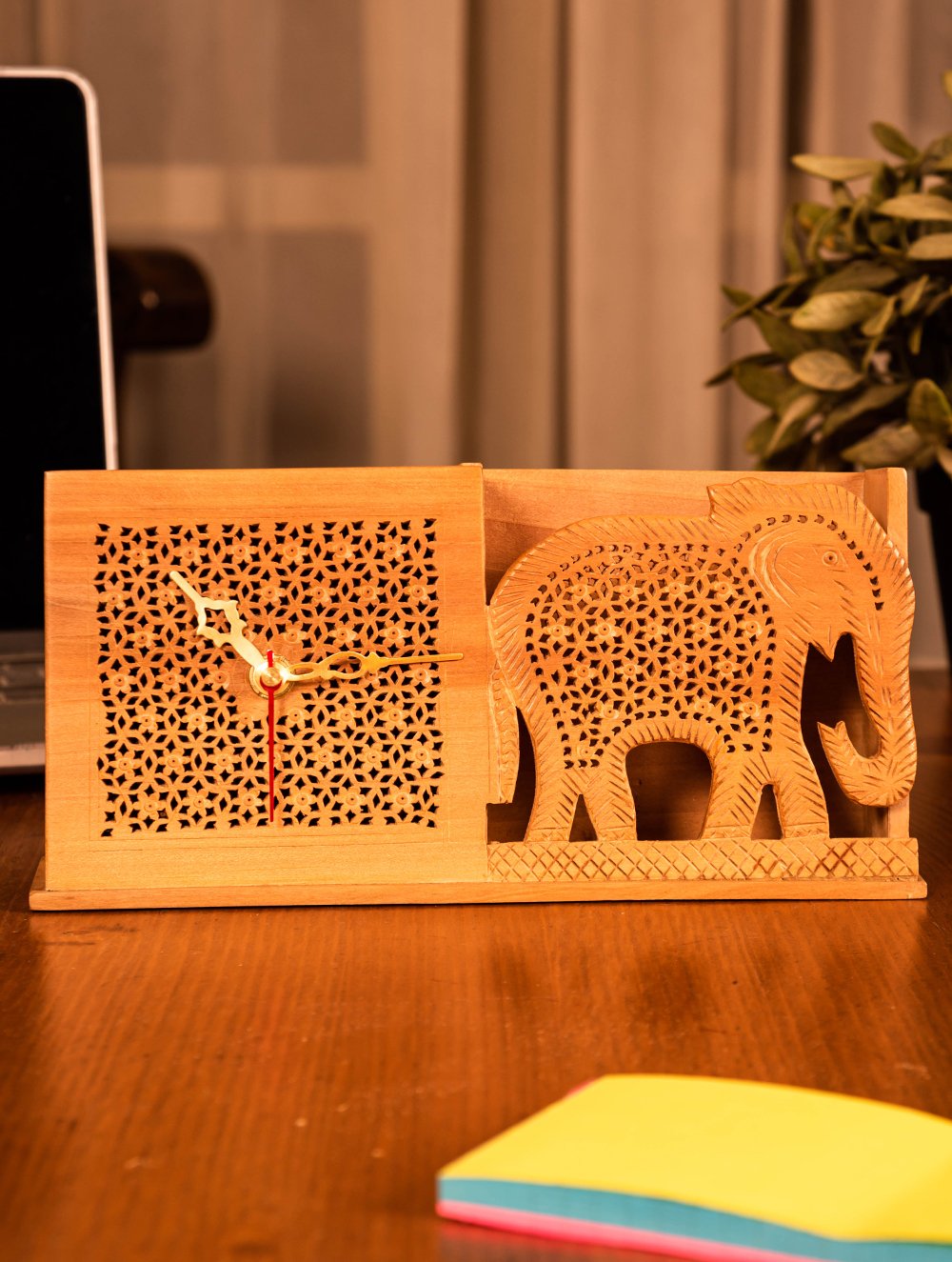 Wooden Jaali Elephant Stationery Stand & Clock