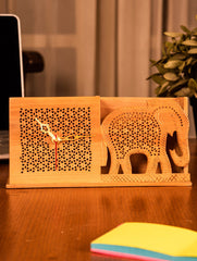 Wooden Jaali Elephant Stationery Stand & Clock