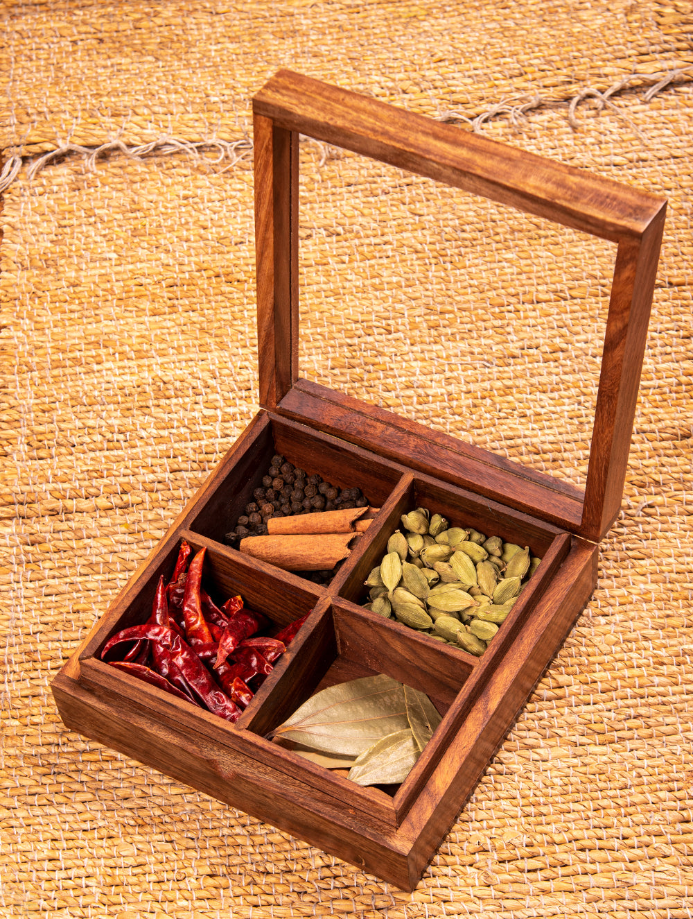 Wooden Multi-Utility Spice Box - Square (4 Sections)